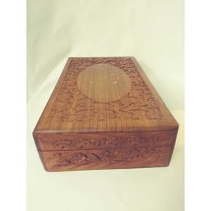 Vintage Floral Carved Wooden Trinket Box Flowers & Gold Leaves Accents Hinged